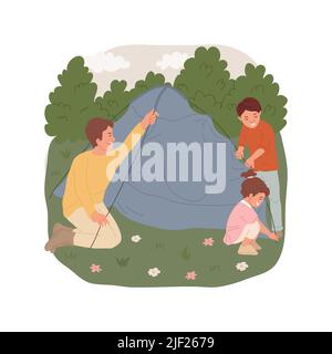 Imposta un'illustrazione vettoriale di cartoni animati isolati da tenda. Padre e bambini che istituiscono una tenda, campeggio in famiglia, avventura nella foresta, bambini che aiutano i genitori a fare campeggio, cartone animato vettore vacanza. Illustrazione Vettoriale