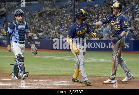 San Pietroburgo, Stati Uniti. 28th giugno 2022. Rene Pinto (L), il catcher Rays di Tampa Bay, torna al piatto mentre Christian Yelich dei Milwaukee Brewers (22) si congratula con Andrew McCutchen (C) dopo che la sua casa a due run è scappata dal reliever di Tampa Bay Matt Wisler durante il sesto inning al Tropicana Field di San Pietroburgo, Florida, martedì 28 giugno 2022. Foto di Steve Nesius/UPI Credit: UPI/Alamy Live News Foto Stock