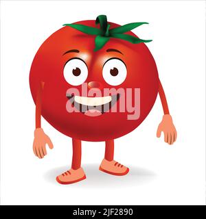 Personaggio pomodoro. Divertente fumetto sorridente personaggio pomodoro. Carattere semi-realistico del pomodoro. Felice illustrazione del vettore vegetale. Vettore di pomodoro cartoon Illustrazione Vettoriale