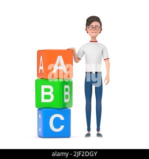 Personaggio Cartoon uomo con Alphabet ABC Education cubi su sfondo bianco. 3D rendering Foto Stock