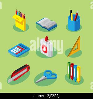 le icone impostano i materiali di consumo per la scuola Illustrazione Vettoriale