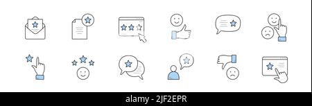 Le icone della frequenza sono impostate in stile "doodle", "vettoriale isolato" e "review linear signs" (Rivedi segni lineari). Stella, busta, emoji sorridente, come pollice su e fumetto. Feedback positivo o negativo dei clienti, simboli Line art Illustrazione Vettoriale