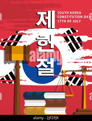 giornata di costituzione della corea del sud con bandiera verticale, martello da corte, libri e scale di giustizia Illustrazione Vettoriale