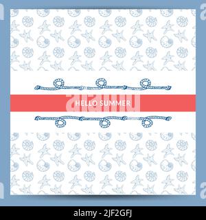 Modello di banner vettoriale in stile nautico. Fune con nodi. Conchiglie e stelle marine disegnate a mano in stile schizzo. Biglietto di auguri. Festa in spiaggia. Bordi della corda Illustrazione Vettoriale