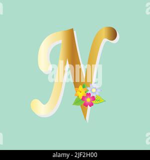 Alfabeto floreale con fiori e composizione glitterata oro. Decorazione botanica polivalente per logo, carte da matrimonio, ecc.. Illustrazione Vettoriale