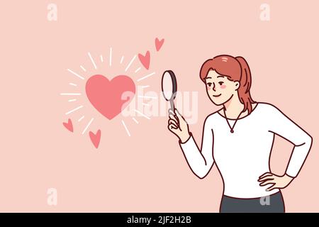 Donna che tiene lente d'ingrandimento guardando il simbolo del cuore. Ragazza felice in cerca di amore o relazioni con la lente di ingrandimento. Illustrazione vettoriale piatta. Illustrazione Vettoriale