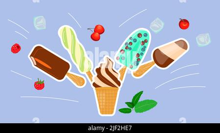 Fascio di Possicicles con bacche e frutta e cono gelato alla vaniglia isolato su sfondo bianco. Semplice e gustosa collezione di dolci appetitosi. F Foto Stock