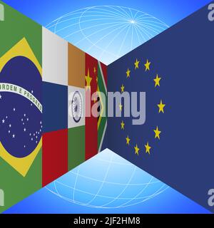 I BRICS bandiano i paesi e la bandiera dell'Unione europea con il globo terrestre in prospettiva su sfondo blu, illustrazione vettoriale Illustrazione Vettoriale