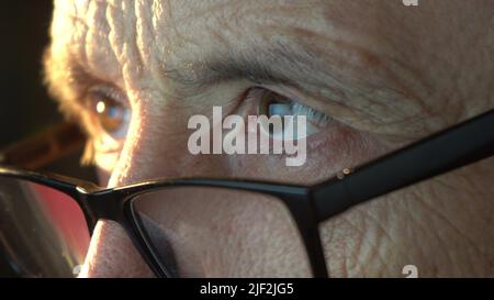 Primo piano degli occhi concentrati di un uomo d'affari che indossa un computer . Foto Stock