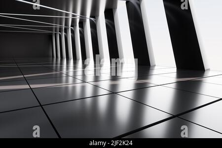 Astratto spazio vuoto grigio interno con colonne inclinate, 3D rendering. Disegno digitale del computer. Foto Stock