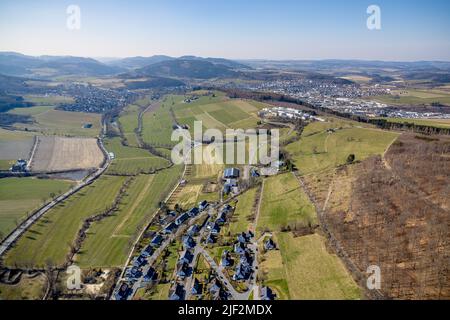 Fotografia aerea, zona residenziale di Klosterblick, am Wilzenberg, sullo sfondo il Fraunhofer Institute for Molecular Biology and Applied Ecology, Foto Stock