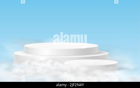 Podio cielo. Sfondo minimalista con podi bianchi nelle nuvole. 3d piedistalli realistici per la dimostrazione dei prodotti e le nuvole di cielo Illustrazione Vettoriale