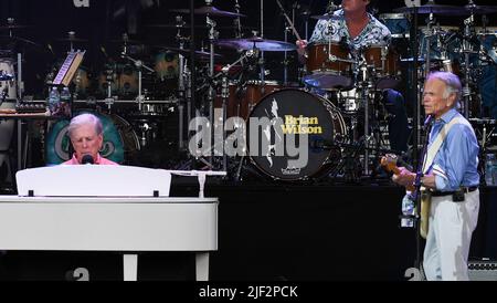 Tampa, Stati Uniti. 28th giugno 2022. I musicisti Brian Wilson (a sinistra) e al Jardine (a destra), membri fondatori dei Beach Boys, suonano sul palco insieme alla loro band al MIDFLORIDA Credit Union Amphitheater di Tampa. (Foto di Paul Hennessy/SOPA Images/Sipa USA) Credit: Sipa USA/Alamy Live News Foto Stock