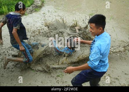 Kathmandu, Nepal. 29th giugno 2022. Gli studenti giocano nel fango mentre piantano campionamenti di riso sul campo durante il National Paddy Day, chiamato anche Asar Pandra, che segna l'inizio della coltivazione di riso piantando in risaie quando arriva la stagione monsonica, a Kathmandu, Nepal, 29 giugno 2022. (Credit Image: © Dipen Shrestha/ZUMA Press Wire) Foto Stock