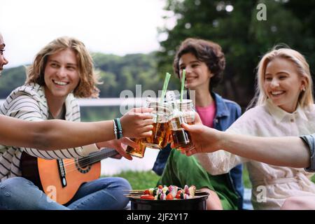 Gruppo di giovani amici multirazziali che si accampano vicino al lago, facendo barbecue e tostando con cocktail drink. Foto Stock