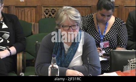 LA MIGLIORE QUALITÀ DISPONIBILE schermo grab dalla TV del Parlamento del Segretario di Stato per il lavoro e la pensione Therese Coffey rispondere alle domande ad un'audizione del comitato di lavoro e pensione nella Camera dei Comuni, Londra. Foto Stock