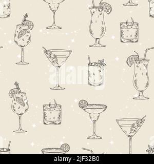 Divertenti cocktail disegnati a mano motivo senza cuciture, ideali per striscioni, tessuti, sfondi, confezionamento - design vettoriale Illustrazione Vettoriale