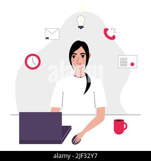 Concetto di multitasking femminile piatto. Giovane donna che lavora su un computer. Illustrazione vettoriale in stile piatto. Illustrazione Vettoriale