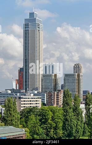 Rotterdam, Paesi Bassi, 24 giugno 2022: La torre Zalmhaven recentemente completata, che sorge dietro gli alberi del Museumpark Foto Stock