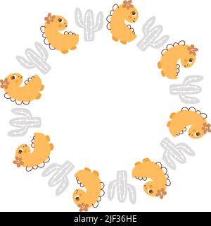 Cerchio Vector dino girl frame con dinosauri e cactus disegnati a mano con posto per il tuo testo. Biglietto d'auguri, poster design elemento scandinavo Illustrazione Vettoriale