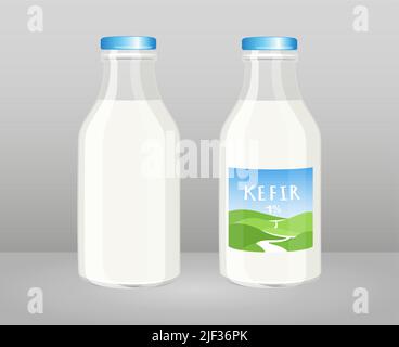 Kefir, yogurt o bottiglia di vetro del latte senza etichetta, illustrazione vettoriale in stile cartone animato isolato su sfondo grigio Illustrazione Vettoriale
