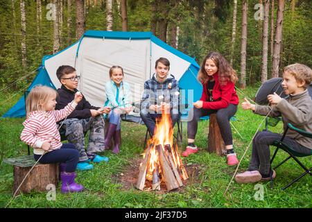 Sei bambini di diversa età seduti insieme intorno al falò ardente marshmallows tostatura mentre campeggio in una foresta estiva. Le tende da campeggio sono viste io Foto Stock