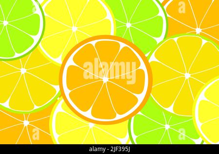 Sfondo di agrumi con illustrazione vettoriale di fette di arancio, limone e lime Illustrazione Vettoriale