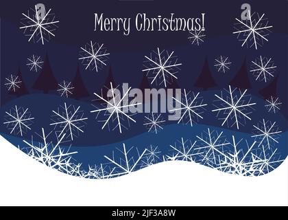 Inverno notte neve paesaggio con Merry Natale saluti Illustrazione Vettoriale
