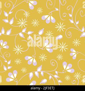 Pattern vettoriale senza giunture con fiori su sfondo giallo. Carino romantico disegno della carta da parati floreale. Bella moda tessile. Illustrazione Vettoriale