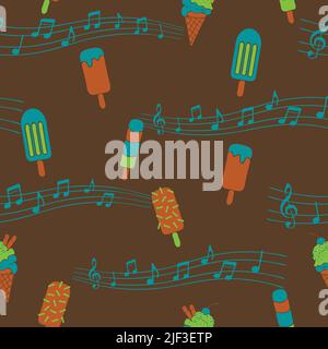 Pattern vettoriale senza cuciture con gelati e note musicali su sfondo marrone. Carta da parati vintage Sweet food. Stile tessuto moda retrò. Illustrazione Vettoriale