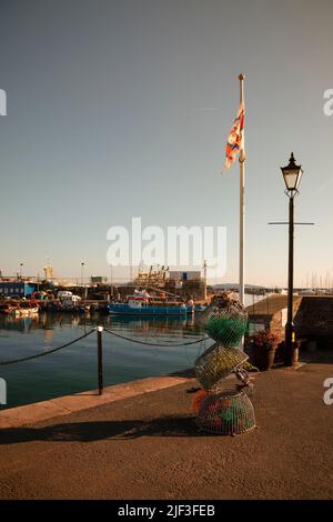 Europa, Regno Unito, Inghilterra, Devon, Torbay, Il porto di Brixham con le barche ormeggiate al nuovo molo che mostra i cestini di aragosta e la bandiera RNLI (Lifeboat) Foto Stock