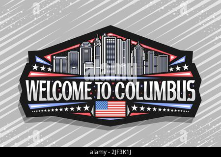 Logo vettoriale per Columbus, badge decorativo nero con illustrazione del paesaggio urbano moderno della città di columbus su sfondo cielo crepuscolo, art design repr Illustrazione Vettoriale