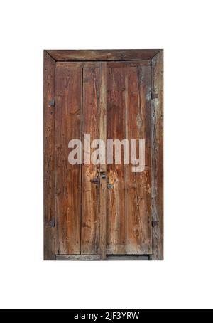 Vecchia porta di legno isolato su bianco Foto Stock