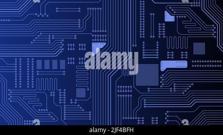 Astratto background tecnico su scheda a circuito stampato. Sfondo vettoriale blu PCB elettronico. Illustrazione Vettoriale