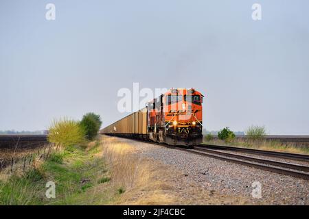 Kirkwood, Illinois, Stati Uniti. Condotto da un paio di locomotive, un treno di carbone Burlington Northern Santa Fe che passa attraverso l'Illinois nord-occidentale. Foto Stock