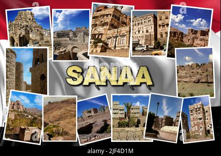 Sanaa la capitale dello Yemen. Situato al centro di un vasto altopiano, è circondato da mura e da tipici palazzi emeniti a più piani Foto Stock