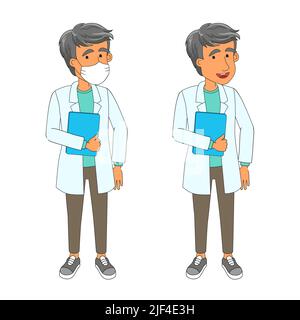 Illustrazione vettoriale del carattere della persona medica nella maschera medica del viso. Medico uomo bianco Illustrazione Vettoriale