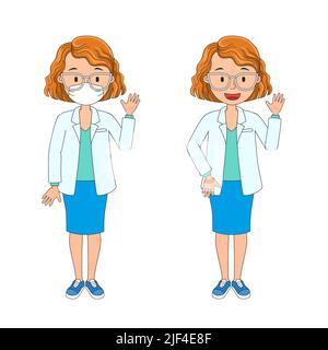 Illustrazione vettoriale del carattere della persona medica nella maschera medica del viso. Medico donna bianca Illustrazione Vettoriale