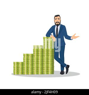 Felice uomo ricco in piedi vicino grande mucchio di soldi impilati . Uomo d'affari miliardario o un banchiere sorridente che si appoggia su un enorme mucchio di contanti. Successo aziendale. Illustrazione Vettoriale