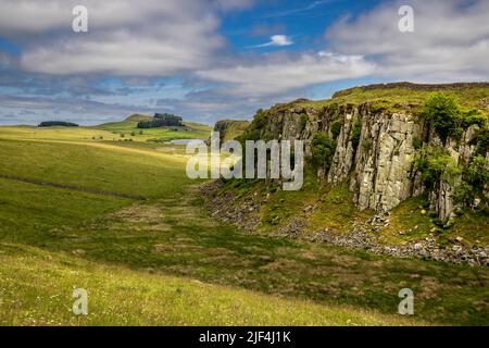 Il Muro di Adriano si dirige verso est verso le falde di Steel Rigg, Northumberland, Inghilterra Foto Stock