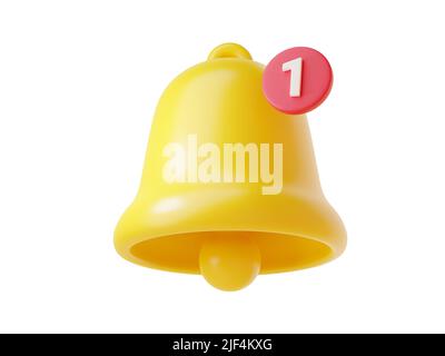 Icona della campana di notifica 3D rendering - carino illustrazione cartoon di semplice campana gialla con numero uno. Foto Stock