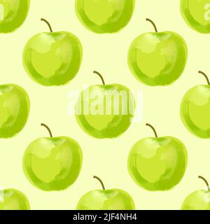 Modello senza cuciture con mele verdi da illustrazione su sfondo giallo chiaro Illustrazione Vettoriale