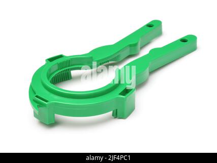 Dispositivo di apertura del coperchio del vaso di plastica verde isolato su bianco Foto Stock