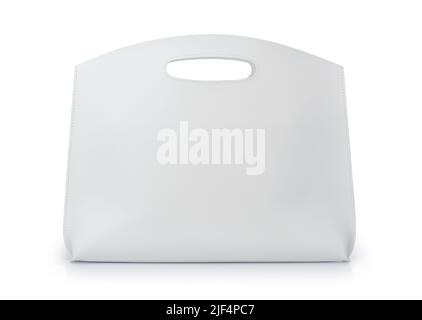 Vista laterale della borsa tote in pelle bianca bianca bianca isolata sul bianco Foto Stock