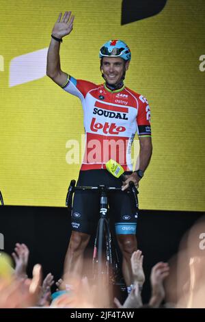 Il belga Philippe Gilbert di Lotto Soudal ha ritratto durante la presentazione del team in vista dell'edizione 109th della gara ciclistica Tour de France, a Copenhagen, Danimarca, mercoledì 29 giugno 2022. Il Tour de France di quest'anno si svolge dal 01 al 24 luglio 2022 e inizia con tre tappe in Danimarca. BELGA FOTO DAVID STOCKMAN Foto Stock