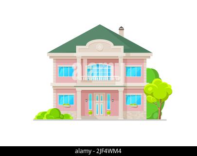 Esterno dell'edificio di casa suburbana con balcone e colonne, quartiere residenziale. Vector casa di lusso, cottage in stile classico, architettura con pilastri in marmo. Immobiliare palazzo cartoon facciata Illustrazione Vettoriale