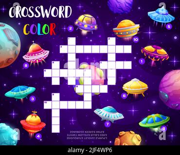 Pianeti spaziali, Ufo e flying piattini griglia cruciverba, trovare un gioco di quiz di parola. Foglio di lavoro vettoriale cartoon, puzzle educativo cross word per l'attività dei bambini con le stelle in cosmo, test per i bambini Illustrazione Vettoriale