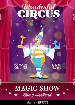 Poster circense Chapiteau con cartoon clown sul palco. Grande spettacolo di circo top, balloon scultura artista performance vector banner, poster con comico, jester o mime personaggio illuminato con faretti Illustrazione Vettoriale