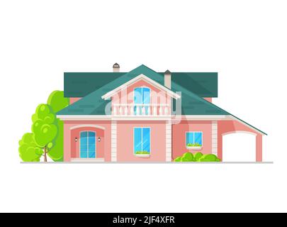 Casa suburbana a due piani con balcone. Home classico esterno con tetto a fiocco, ringhiere in stucco sul balcone e vasi di fiori sulle finestre, garage esterno. Mansion, appartamento vettoriale di lusso dimora o villa Illustrazione Vettoriale