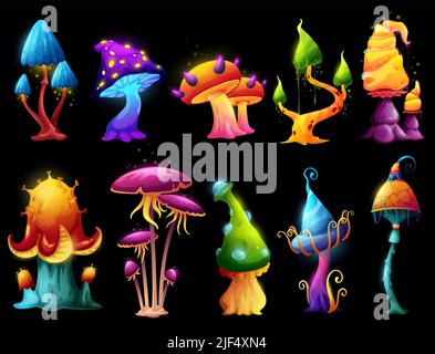 Funghi cartoni animati fantasy con crescita e spine nella foresta magica. Fungi vettoriali e toadsgools fluorescenti, fantastico slime con cappucci mistici luminosi e luci al neon scintillanti Illustrazione Vettoriale